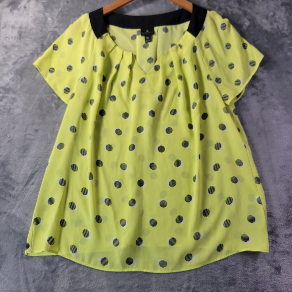 Worthington Petite PL Blouse Yellow Black Polka‎ Dot Short Sleeve Work Top Vibe